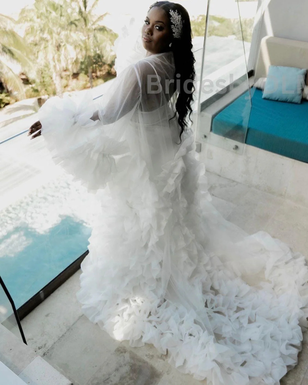 Bridal Robe, Off White Organza Robe, Champagne Gold Rhinestones Robe, Tulle Robe, Bridal Robe,Gift for Bride to Be, Bridal Morning Robe