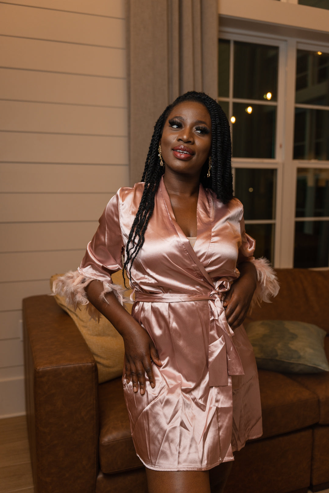 Short Satin Robe with Feathers