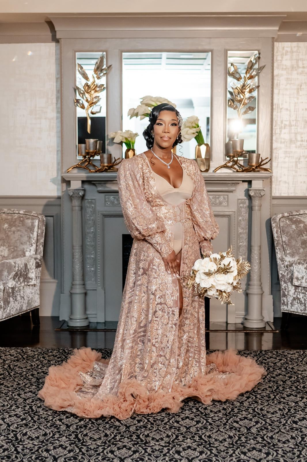 Lorna Embelished Rose Gold Lace Bridal Robe Medium Lorna Embelished Rose Gold Lace Bridal Robe Medium