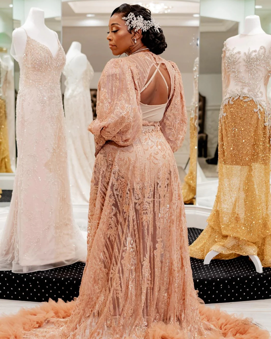 Lorna Embellished Rose Gold Lace Bridal Robe