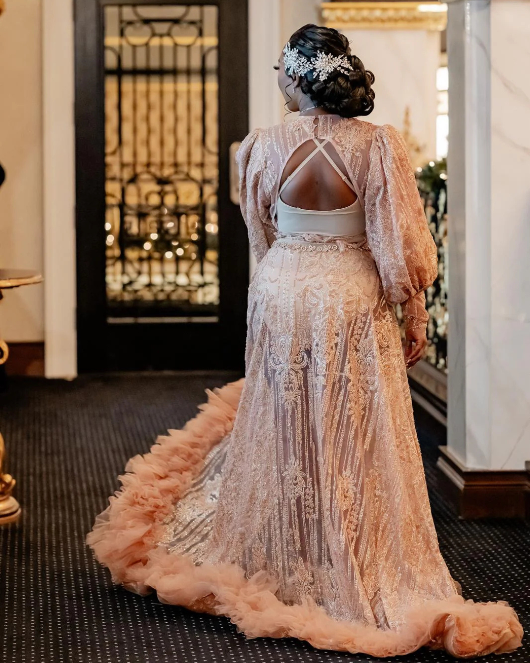 Lorna Embellished Rose Gold Lace Bridal Robe