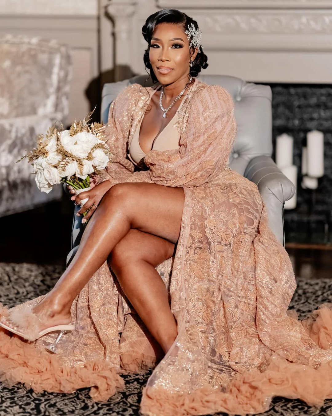 Lorna Embellished Rose Gold Lace Bridal Robe