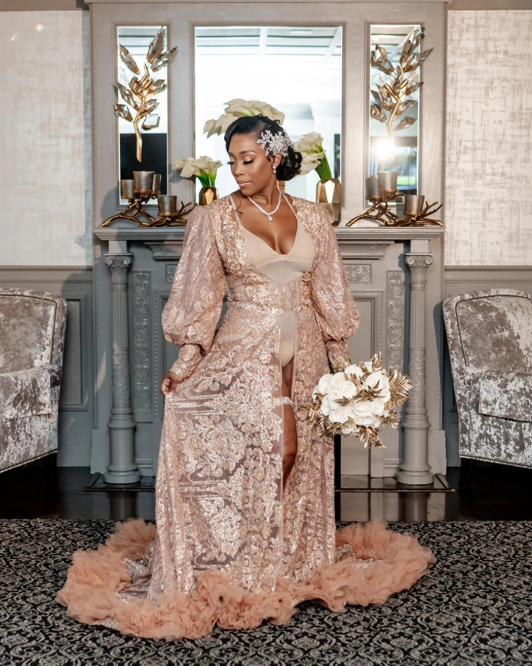 Lorna Embellished Rose Gold Lace Bridal Robe