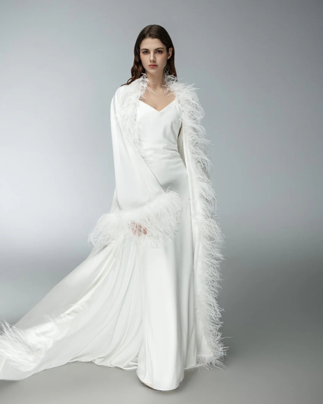 Saia Feather Bridal Robe and Slip Dress