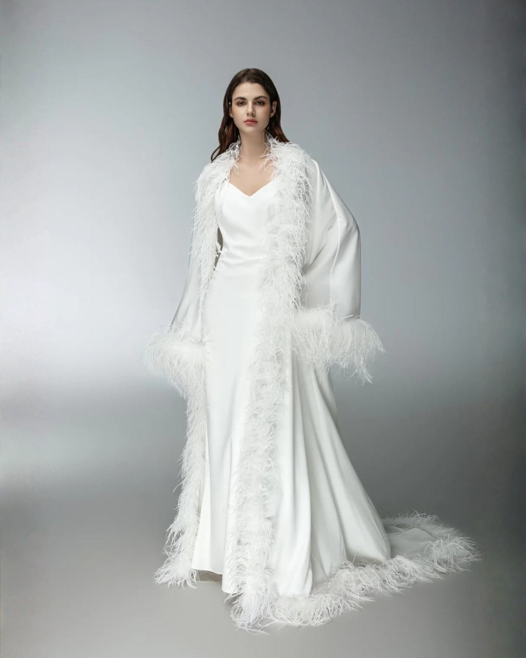 Saia Feather Bridal Robe and Slip Dress