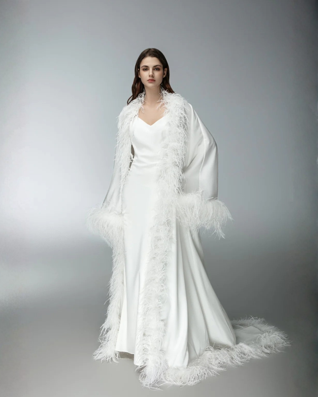 Saia Feather Bridal Robe and Slip Dress