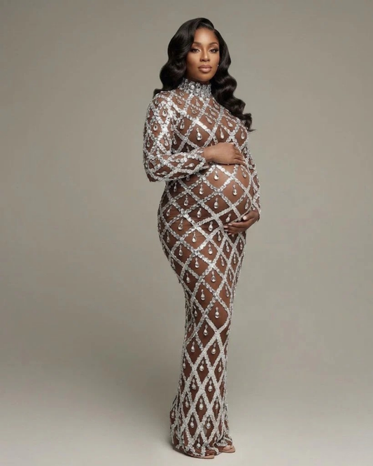 Tina Diamond Long Sleeve Maternity Dress (L/XL Silver Ready to Ship)
