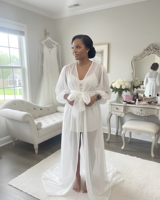 Bridal Robe, Elegant Sheer Puff Sleeve With Train, Romantic White Soft Organza, Getting Ready Gown For Bride, Luxury Wedding Morning Outfit
