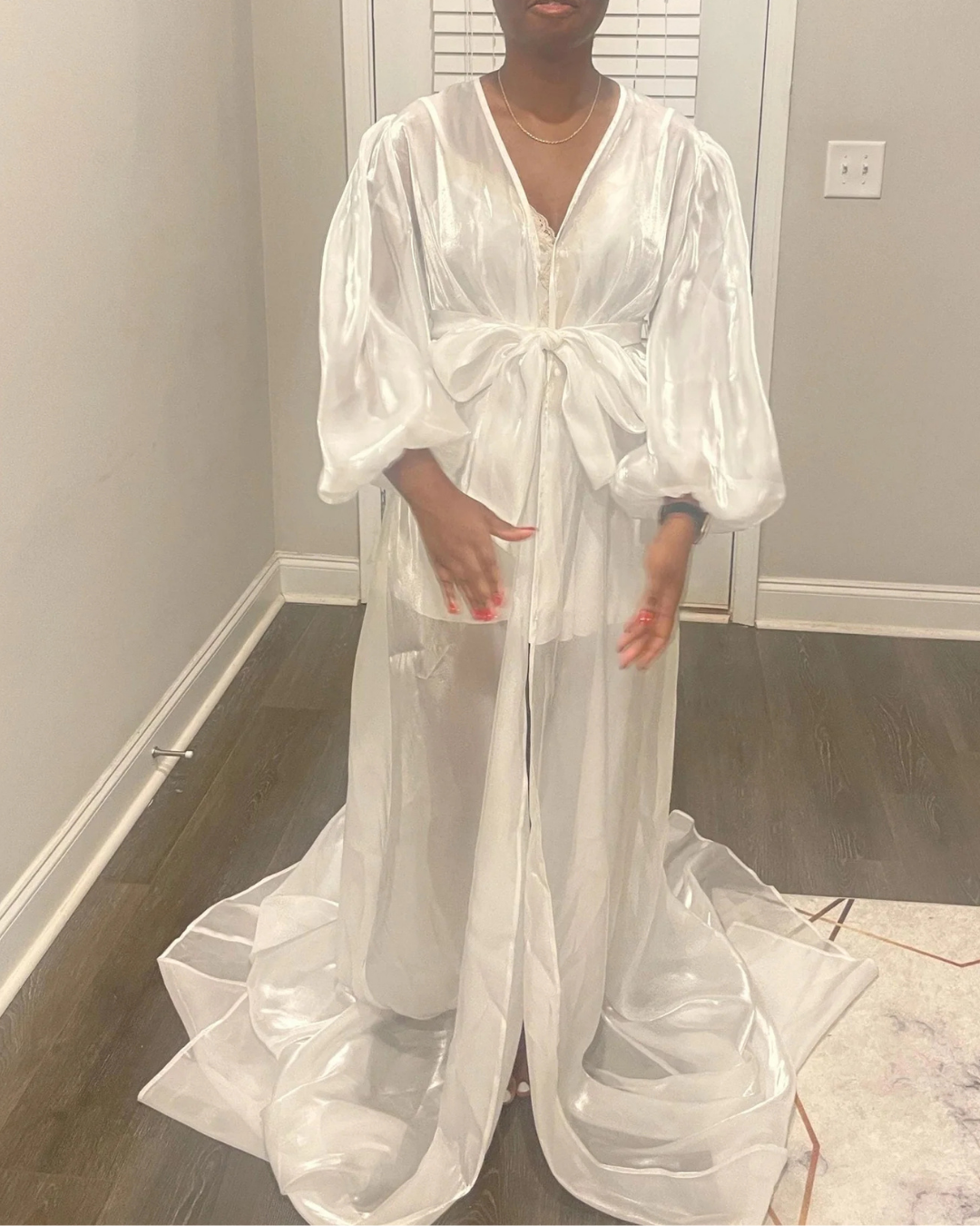 Bridal Robe, Elegant Sheer Puff Sleeve With Train, Romantic White Soft Organza, Getting Ready Gown For Bride, Luxury Wedding Morning Outfit