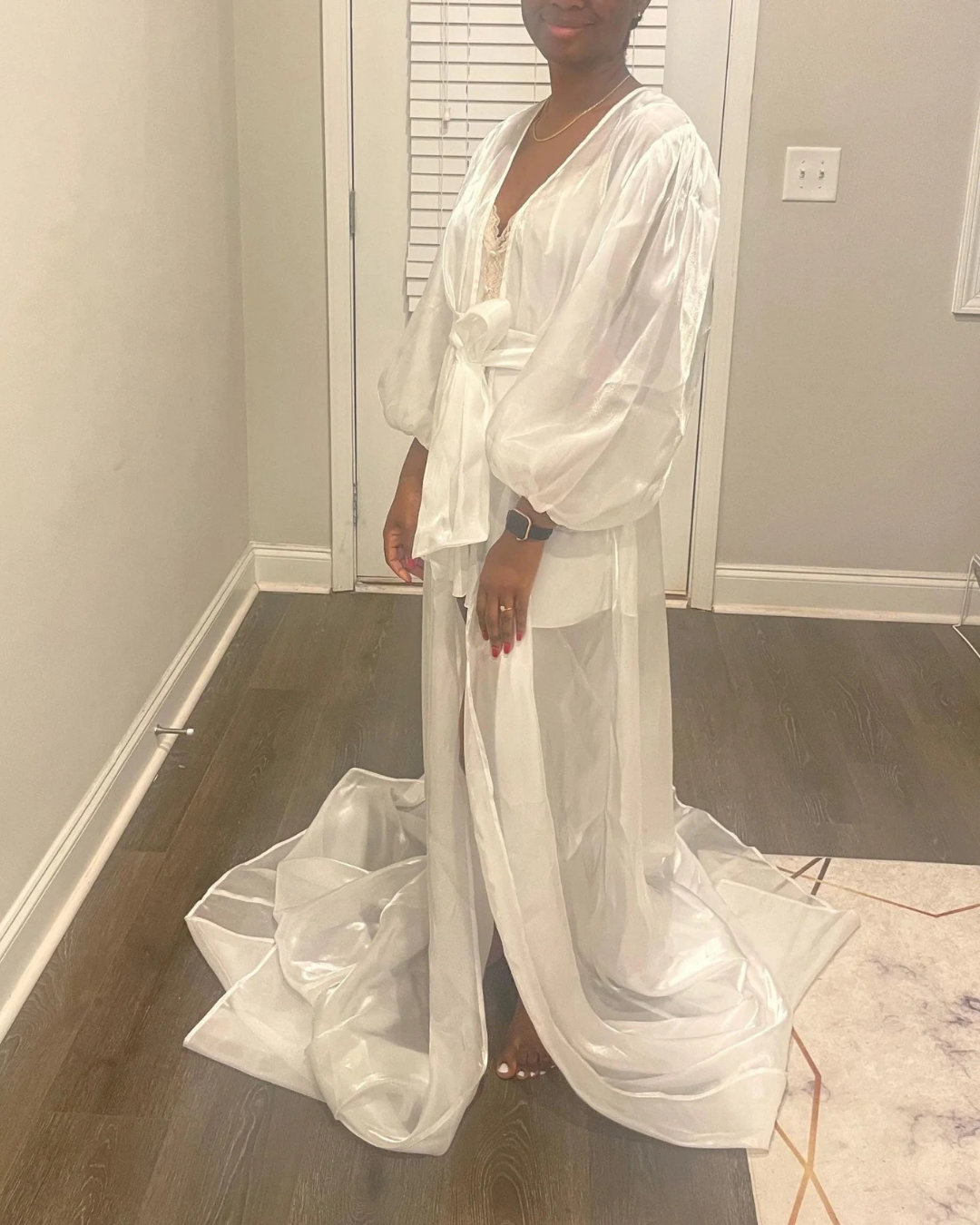 Bridal Robe, Elegant Sheer Puff Sleeve With Train, Romantic White Soft Organza, Getting Ready Gown For Bride, Luxury Wedding Morning Outfit