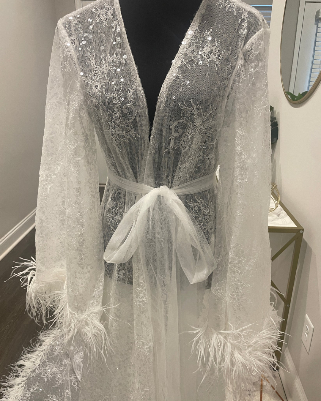 Alexandra Chantilly Lace with Ostrich Feather Bridal Robe