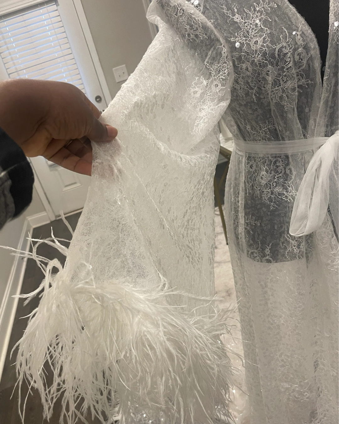 Alexandra Chantilly Lace with Ostrich Feather Bridal Robe