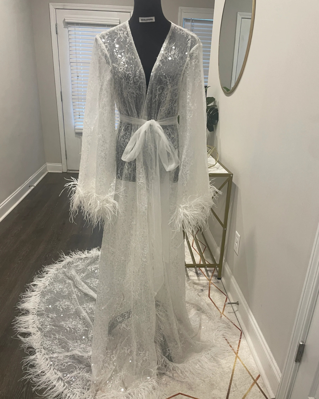 Alexandra Chantilly Lace with Ostrich Feather Bridal Robe