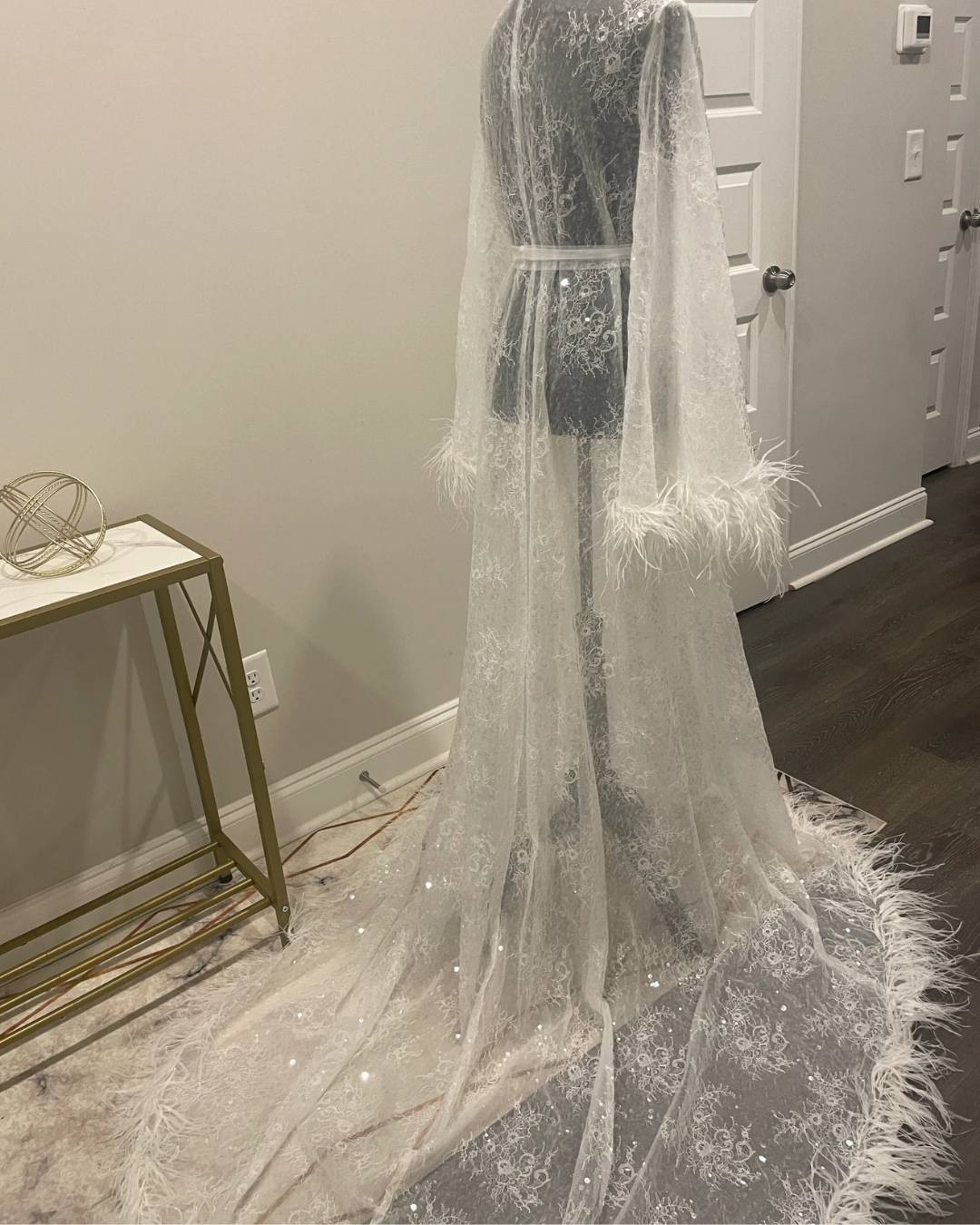 Alexandra Chantilly Lace with Ostrich Feather Bridal Robe