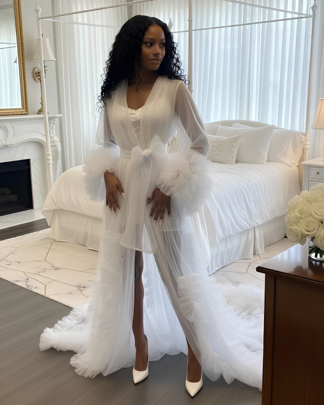Bridal Robe, Long White Wedding Robes for Brides, Tulle Robe, Wedding Day Robe, Gift for Her, Bride To Be Wedding Gifts, Bridal Morning Robe