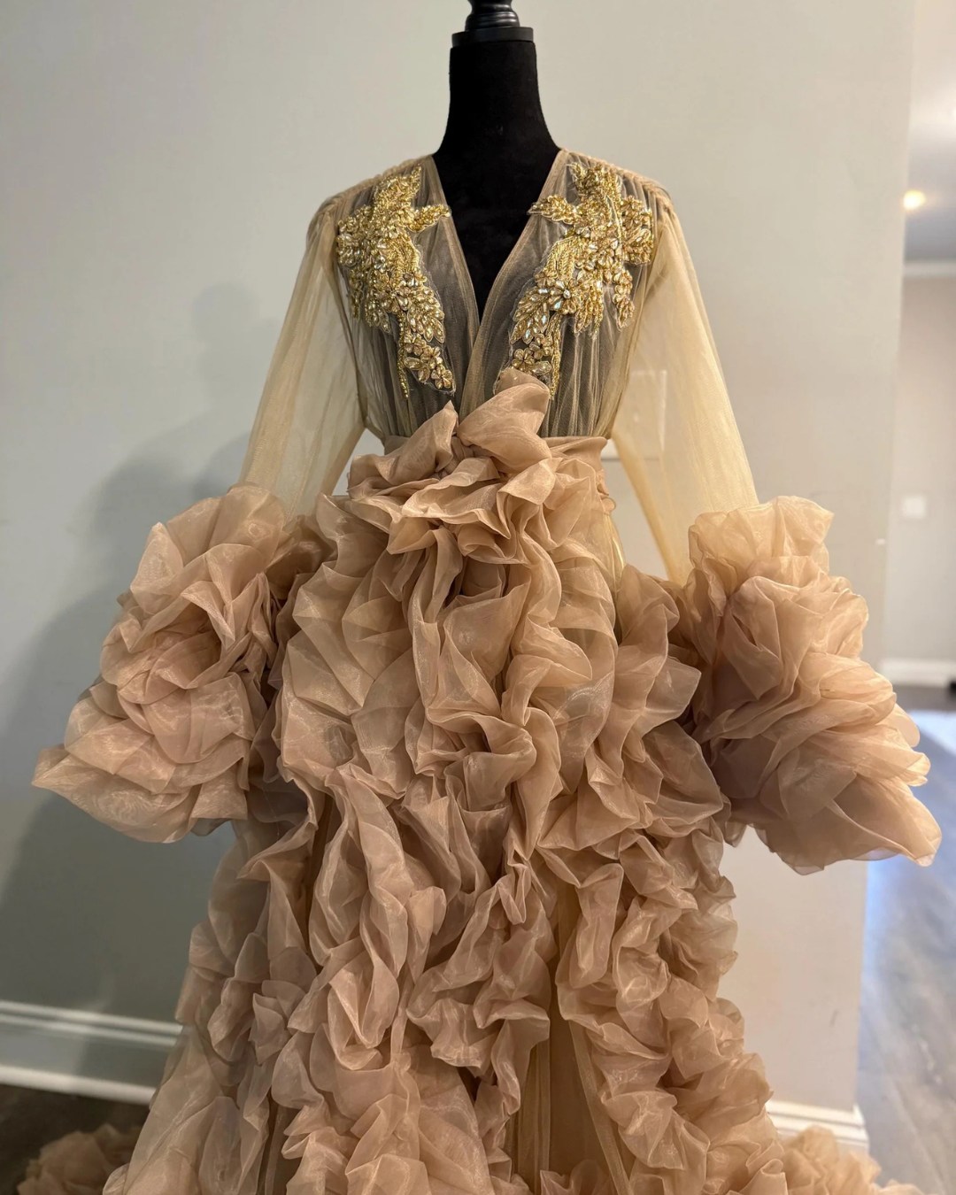 Bridal Robe, Coral Pink Robe, Bride Champagne Gold Rhinestones Robe, White Tulle Robe, Bridal Robe, Gift for Bride To Be, Bridal Morning Robe