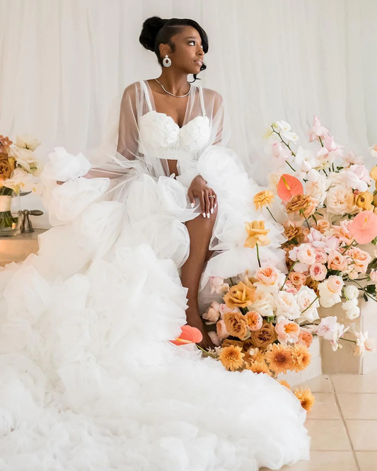 Bridal Robe, Wedding Robes for Brides, Floral Tulle Robe, Custom Wedding Day Robe, Gift For Bride To Be, Bridal Morning Robe