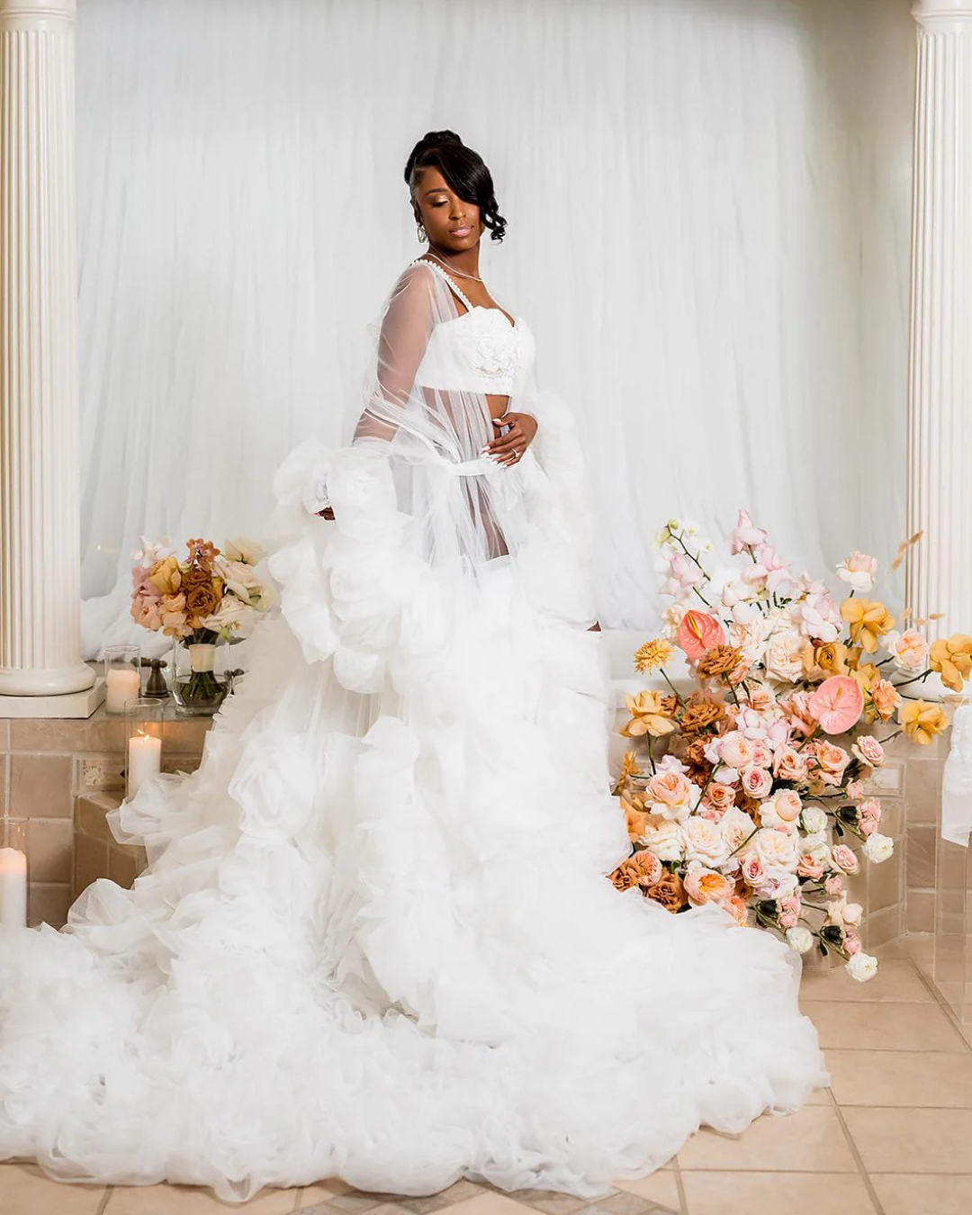 Bridal Robe, Wedding Robes for Brides, Floral Tulle Robe, Custom Wedding Day Robe, Gift For Bride To Be, Bridal Morning Robe