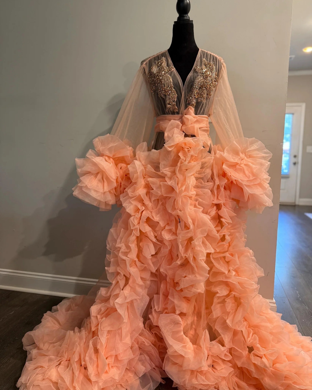 Bridal Robe, Coral Pink Robe, Bride Champagne Gold Rhinestones Robe, White Tulle Robe, Bridal Robe, Gift for Bride To Be, Bridal Morning Robe
