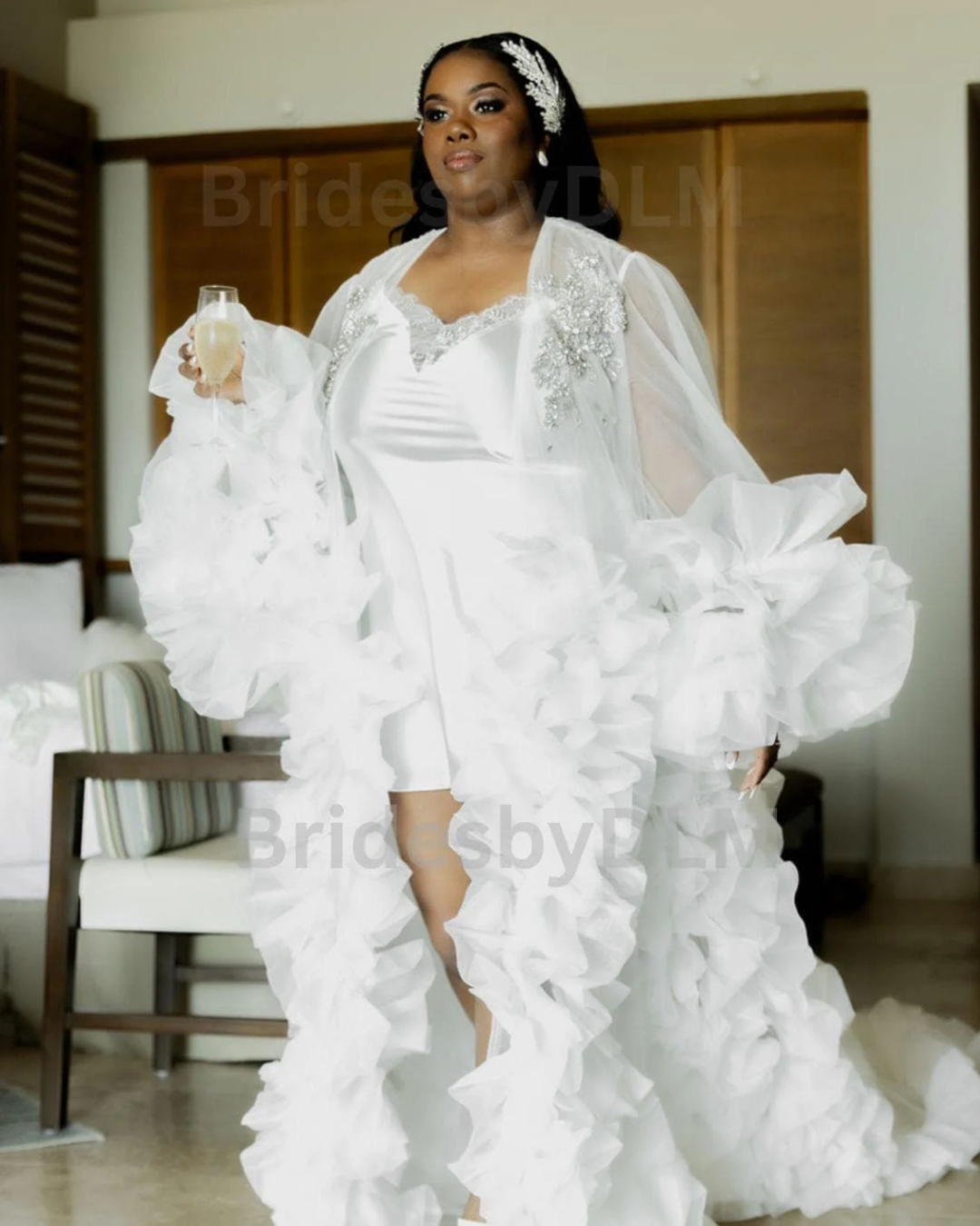 Bridal Robe, Off White Organza Robe, Champagne Gold Rhinestones Robe, Tulle Robe, Bridal Robe,Gift for Bride to Be, Bridal Morning Robe