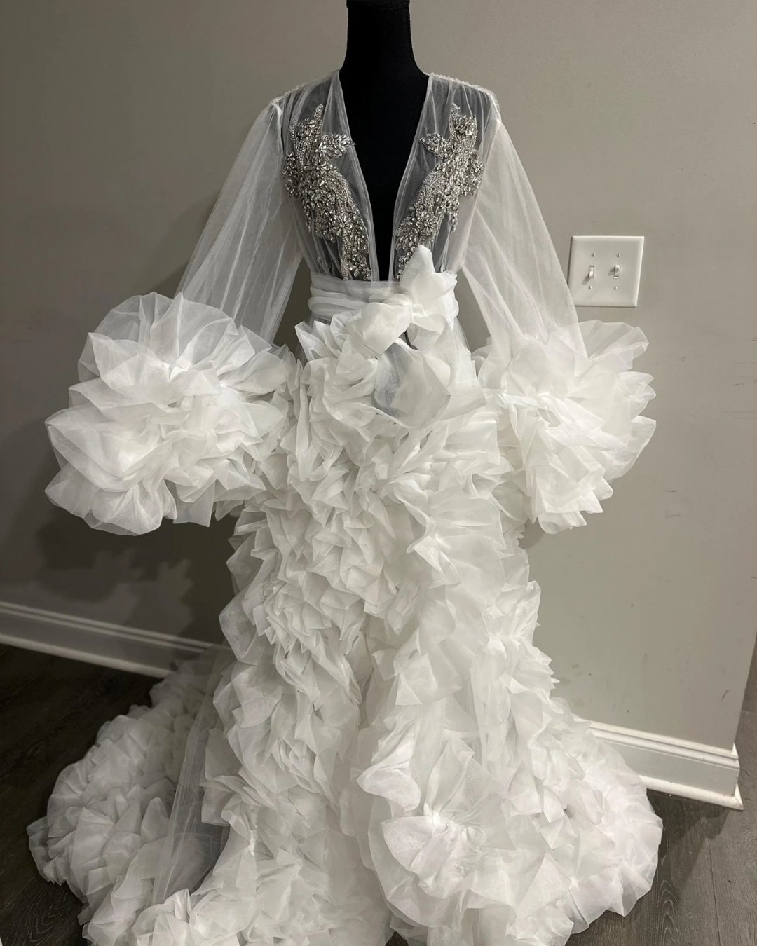 Bridal Robe, Off White Organza Robe, Champagne Gold Rhinestones Robe, Tulle Robe, Bridal Robe,Gift for Bride to Be, Bridal Morning Robe