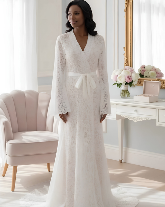 Pearl Lace Bridal Robe, Long White Wedding Robes for Brides, Wedding Day Robe, Gift for Her, Bride To Be Wedding Gifts, Bridal Morning Robe