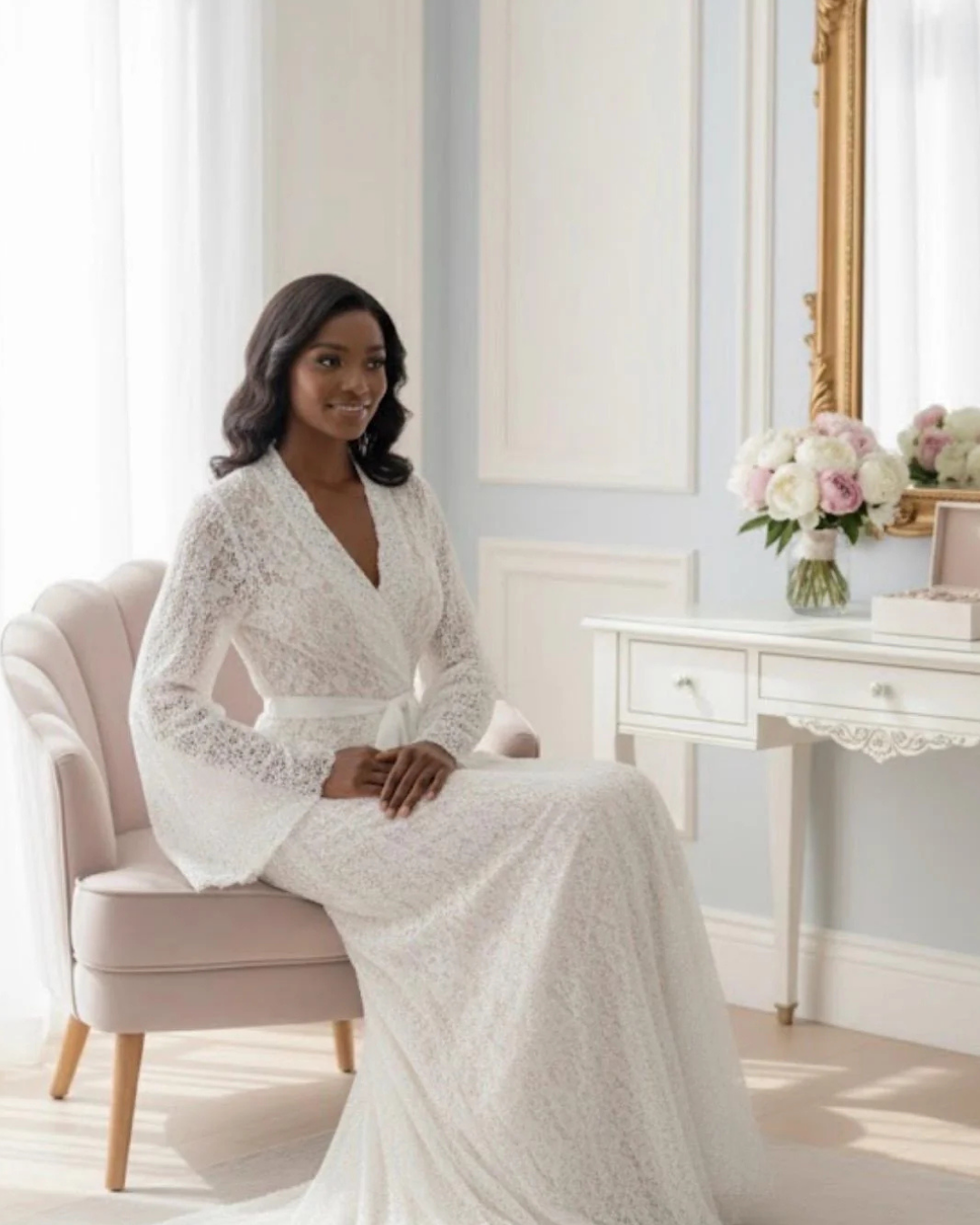 Pearl Lace Bridal Robe, Long White Wedding Robes for Brides, Wedding Day Robe, Gift for Her, Bride To Be Wedding Gifts, Bridal Morning Robe