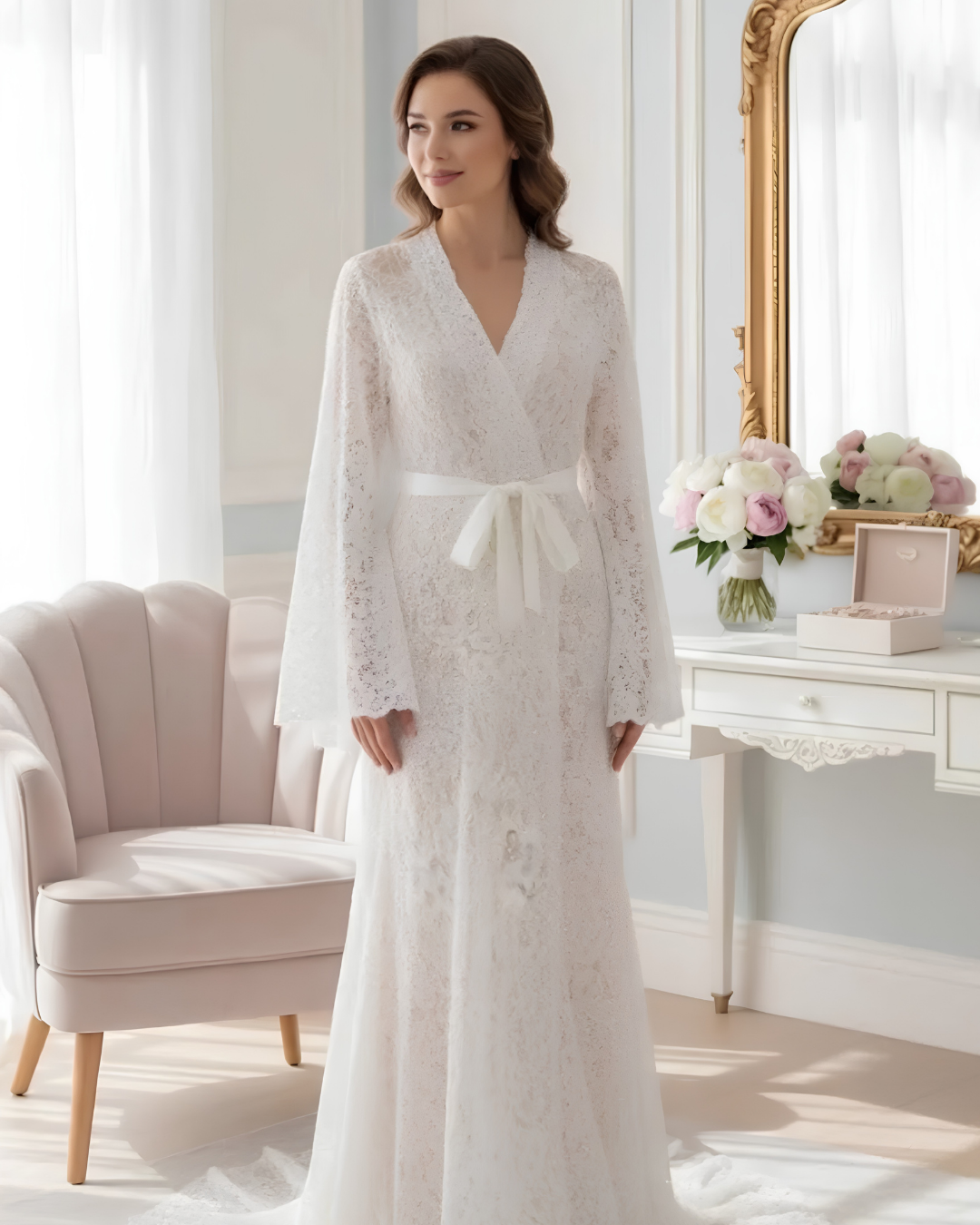 Pearl Lace Bridal Robe, Long White Wedding Robes for Brides, Wedding Day Robe, Gift for Her, Bride To Be Wedding Gifts, Bridal Morning Robe