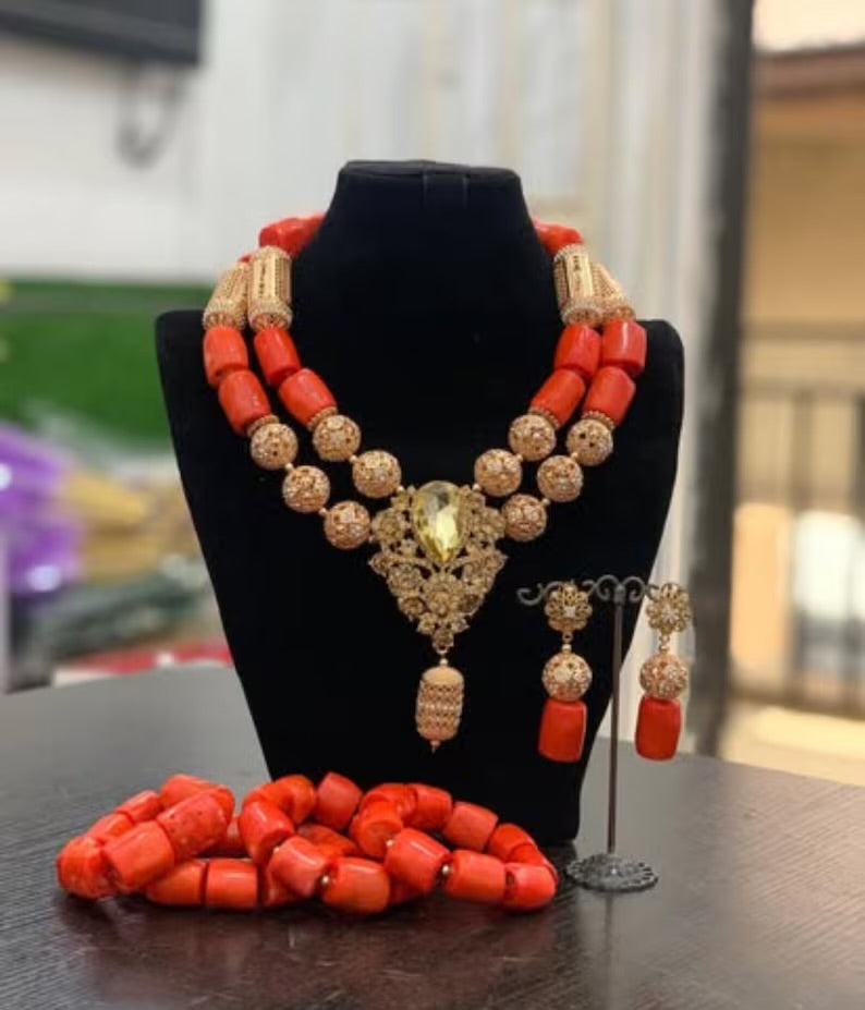 African Red Coral Bead complete set, Igbo brides Jewelry, Traditional Wedding accessories, Wedding Nigerian edo Igbo Wedding, Bridal coral