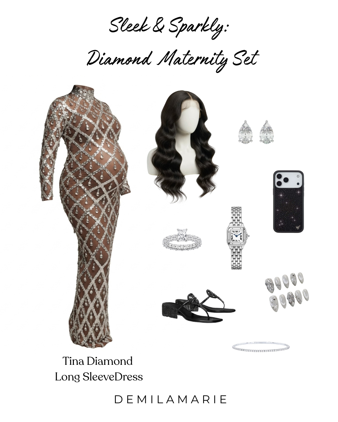 Tina Diamond Long Sleeve Maternity Dress (L/XL Silver Ready to Ship)