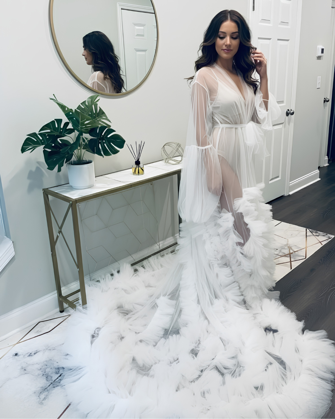 Bridal Robe, Long White Wedding Robes for Brides, Tulle Robe, Wedding Day Robe, Gift For Her, Bride To Be Wedding Gifts, Bridal Morning Robe