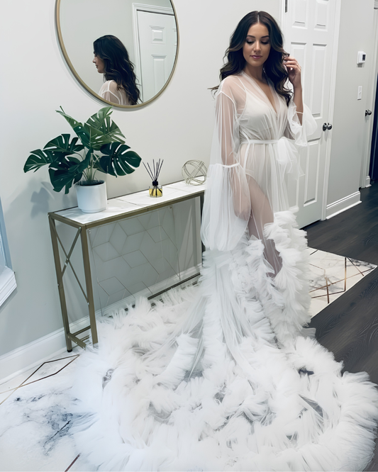 Bridal Robe, Long White Wedding Robes for Brides, Tulle Robe, Wedding Day Robe, Gift For Her, Bride To Be Wedding Gifts, Bridal Morning Robe