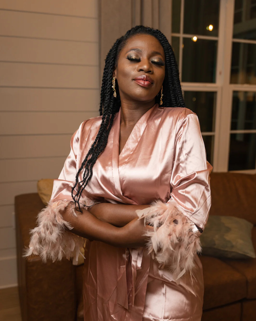Short Satin Robe with Feathers