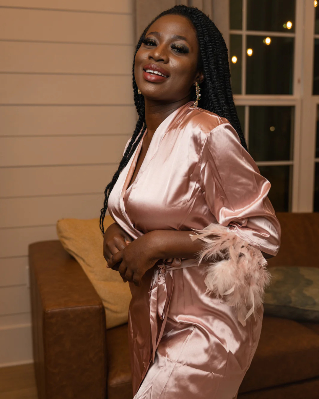 Short Satin Robe with Feathers