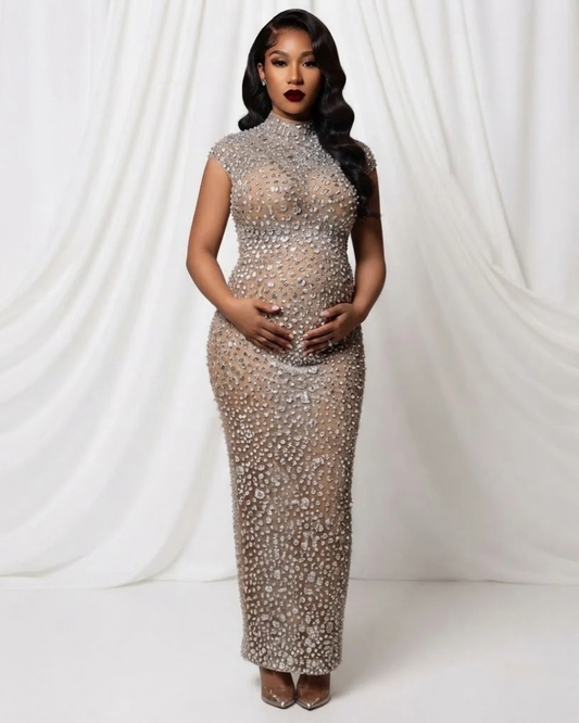 Silver Maternity Dress (Light Nude Mesh, Ready to Ship S, M, L)