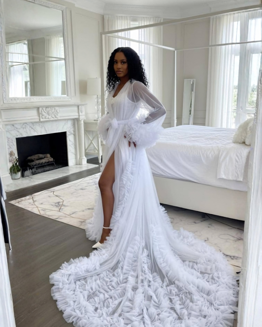 Bridal Robe, Long White Wedding Robes for Brides, Tulle Robe, Wedding Day Robe, Gift for Her, Bride To Be Wedding Gifts, Bridal Morning Robe