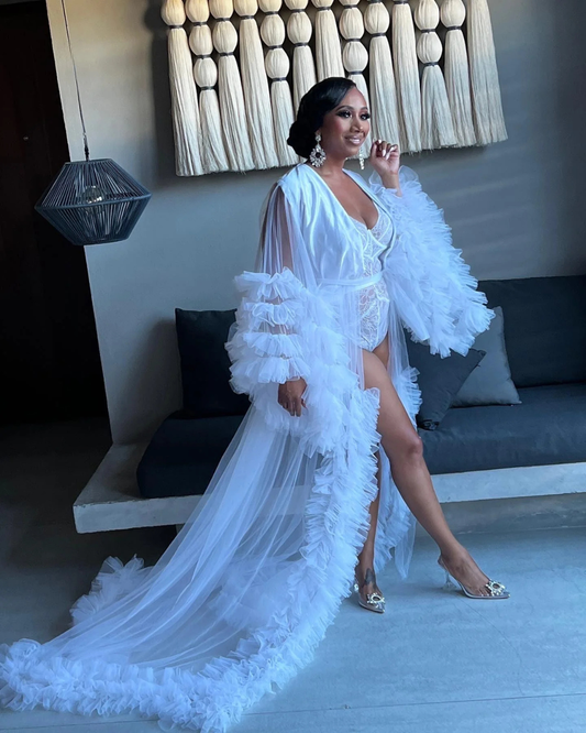 Bridal Robe, Long White Wedding Robes for Brides, Tulle Robe, Wedding Day Robe, Gift For Her, Bride To Be Wedding Gifts, Bridal Morning Robe
