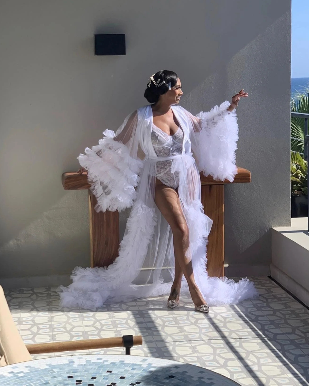 Bridal Robe, Long White Wedding Robes for Brides, Tulle Robe, Wedding Day Robe, Gift For Her, Bride To Be Wedding Gifts, Bridal Morning Robe