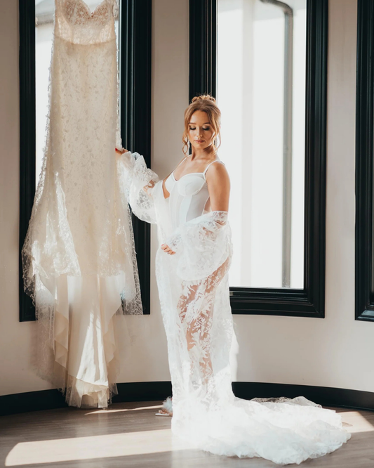 Organza Boudoir Robe, Detachable Organza Wedding Duster, Cape, Ivory Bridal Robe, Wedding Dress Cape with Volume Sleeves, Sheer Cover-Up