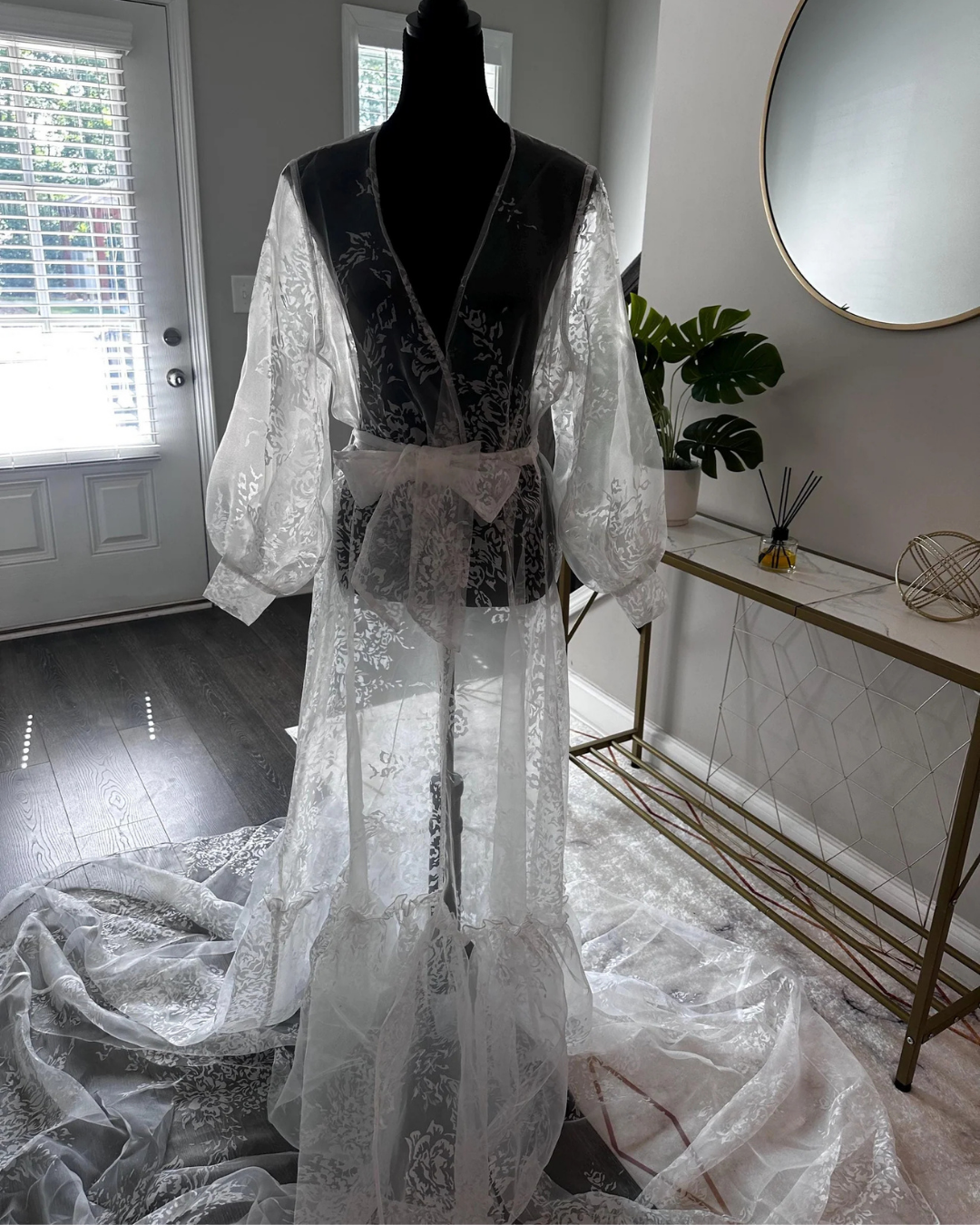 Organza Boudoir Robe, Detachable Organza Wedding Duster, Cape, Ivory Bridal Robe, Wedding Dress Cape with Volume Sleeves, Sheer Cover-Up