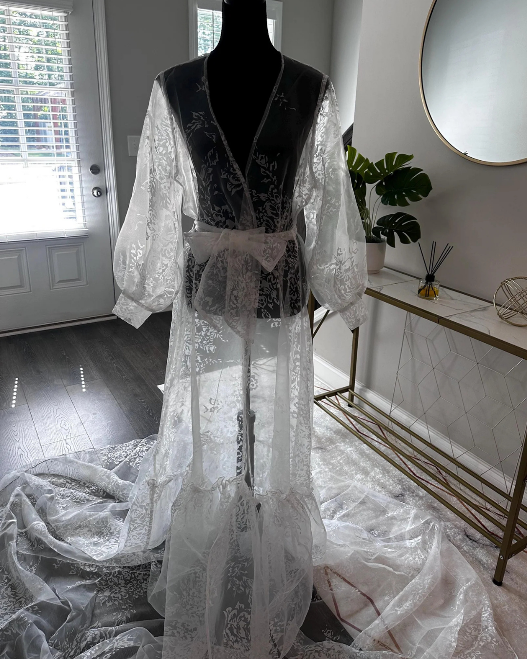 Organza Boudoir Robe, Detachable Organza Wedding Duster, Cape, Ivory Bridal Robe, Wedding Dress Cape with Volume Sleeves, Sheer Cover-Up