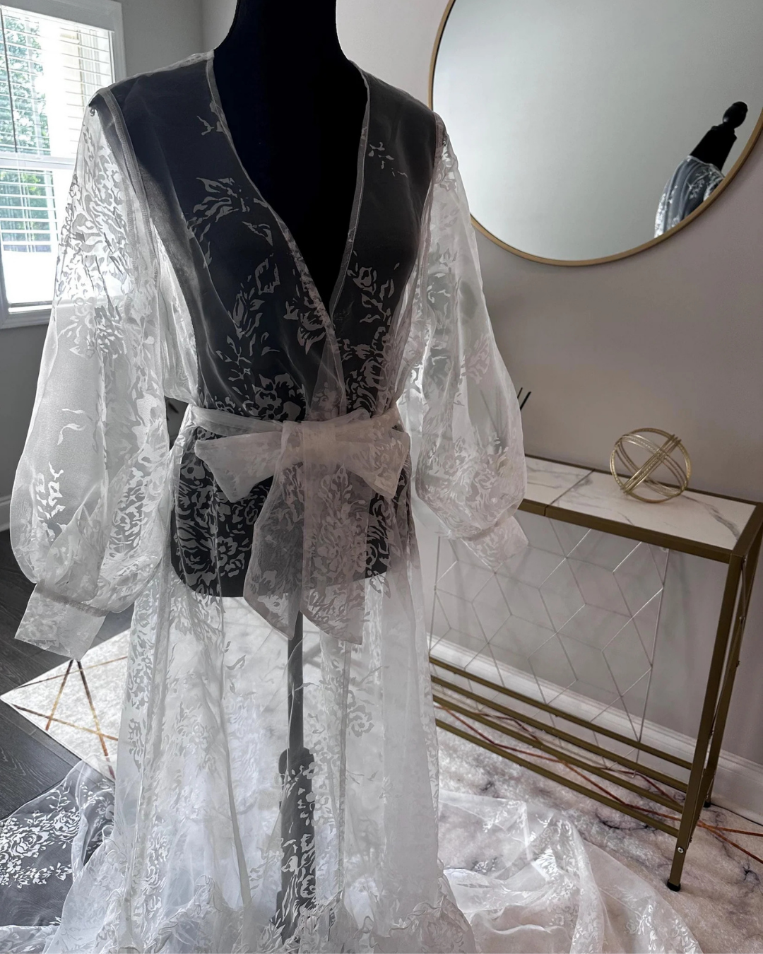 Organza Boudoir Robe, Detachable Organza Wedding Duster, Cape, Ivory Bridal Robe, Wedding Dress Cape with Volume Sleeves, Sheer Cover-Up