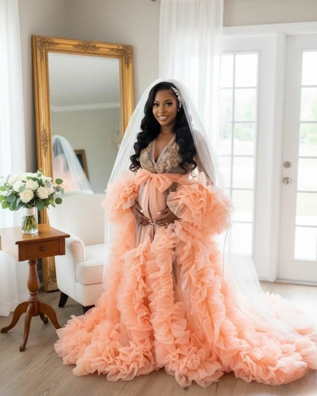Bridal Robe, Coral Pink Robe, Bride Champagne Gold Rhinestones Robe, White Tulle Robe, Bridal Robe, Gift for Bride To Be, Bridal Morning Robe