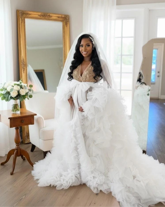 Bridal Robe, Off White Organza Robe, Champagne Gold Rhinestones Robe, Tulle Robe, Bridal Robe,Gift for Bride to Be, Bridal Morning Robe