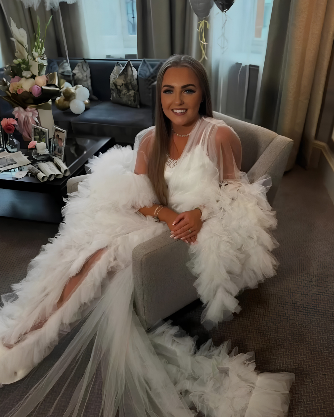 Bridal Robe, Bridal Portrait Robes for Brides, Tulle Robe, Long Wedding Day Robe, Gift for Bride To Be, Bridal Morning Robe, White Long Robe