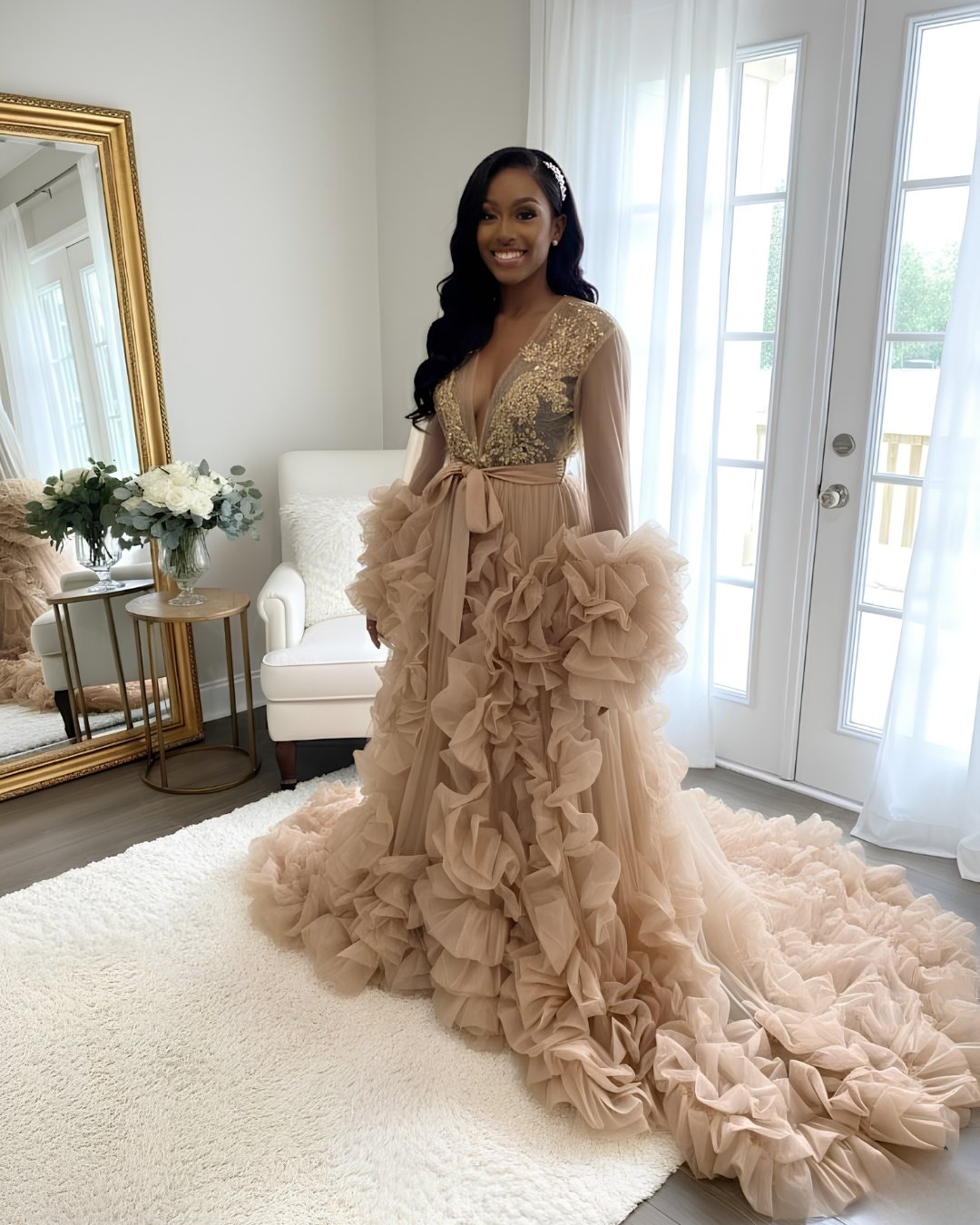 Champagne Bridal Robe, Long Gold Bridal Rhinestones Robe, White Tulle Robe, Bridal Robe, Gift for Bride To Be, Bridal Morning Robe