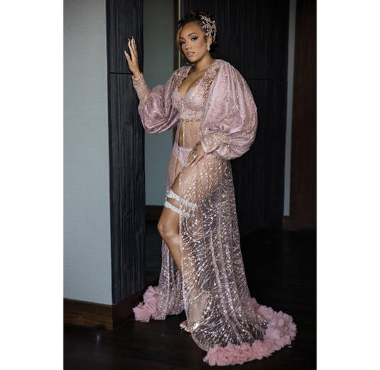 Bridal Robe, Rose gold Wedding Robes for Brides, lace and tulle Robe, colorful Wedding Day Robe, Gift for Bride to be, Bridal morning robe