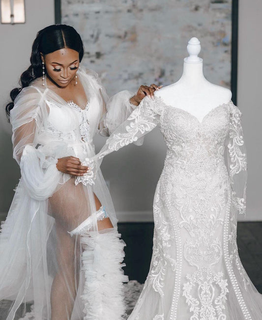 Bridal Robe, Wedding Robes for Brides, Tulle Robe, Wedding Day Robe, Gift for Bride to be, Bridal morning robe