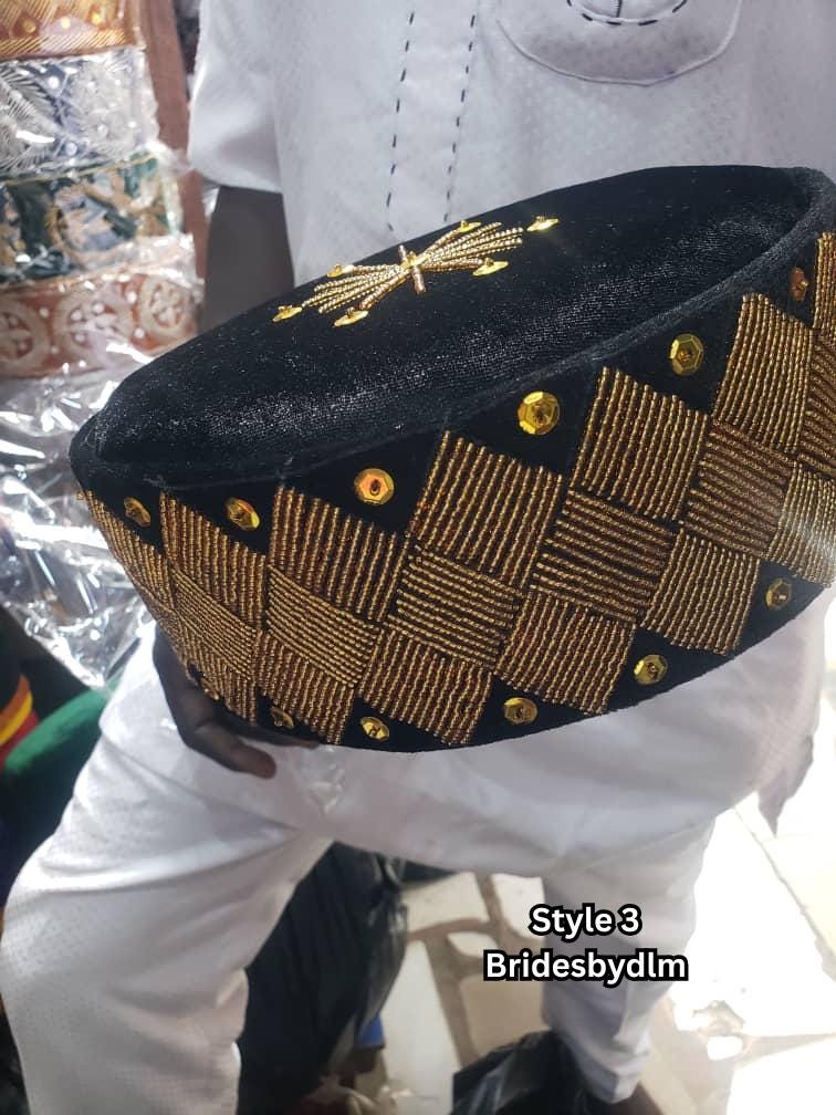 African Chieftaincy Wedding Hat. Igbo Ozo Cap, African Men's Wedding Velvet Cap/Beaded Cap. Nigerian Special Traditional Men Hat