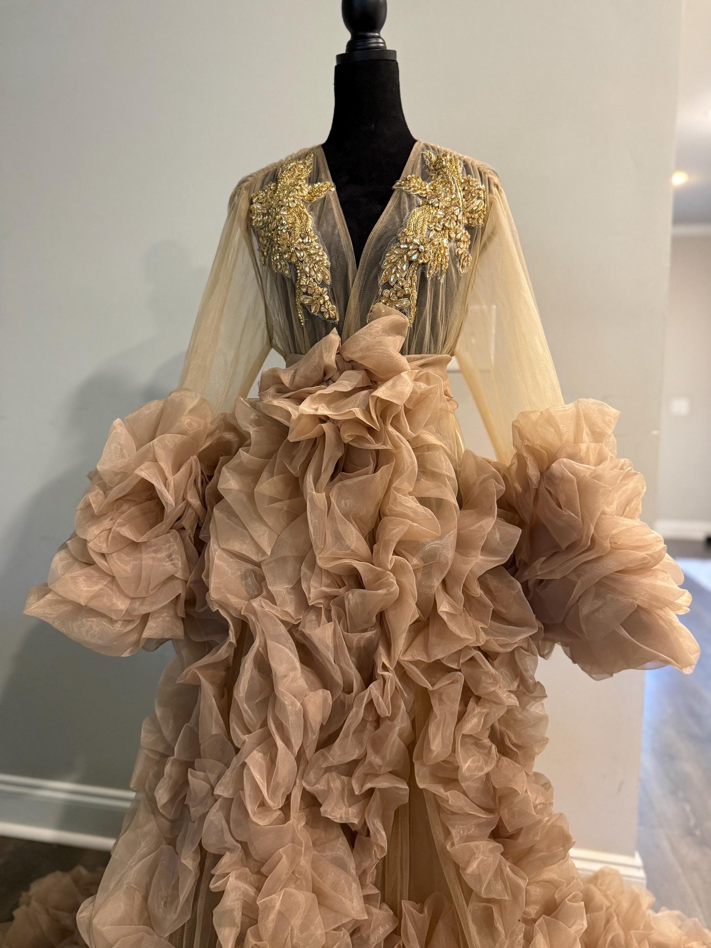 Bridal robe, Coral pink robe, bride champagne gold rhinestones robe, white Tulle Robe, Bridal Robe,Gift for Bride to be, Bridal morning robe